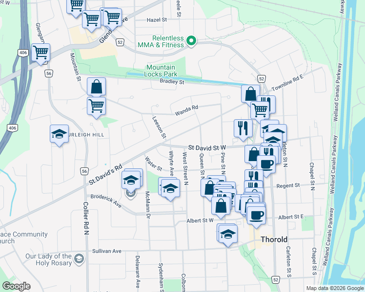 map of restaurants, bars, coffee shops, grocery stores, and more near in Thorold