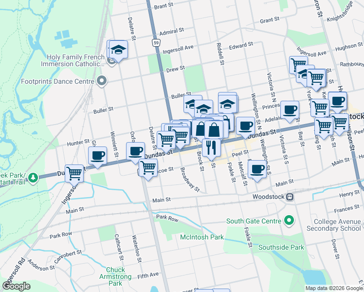 map of restaurants, bars, coffee shops, grocery stores, and more near 363 Dundas Street in Woodstock