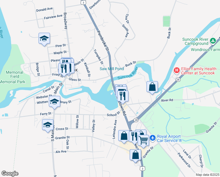map of restaurants, bars, coffee shops, grocery stores, and more near 47 Daniel Webster Highway in Suncook
