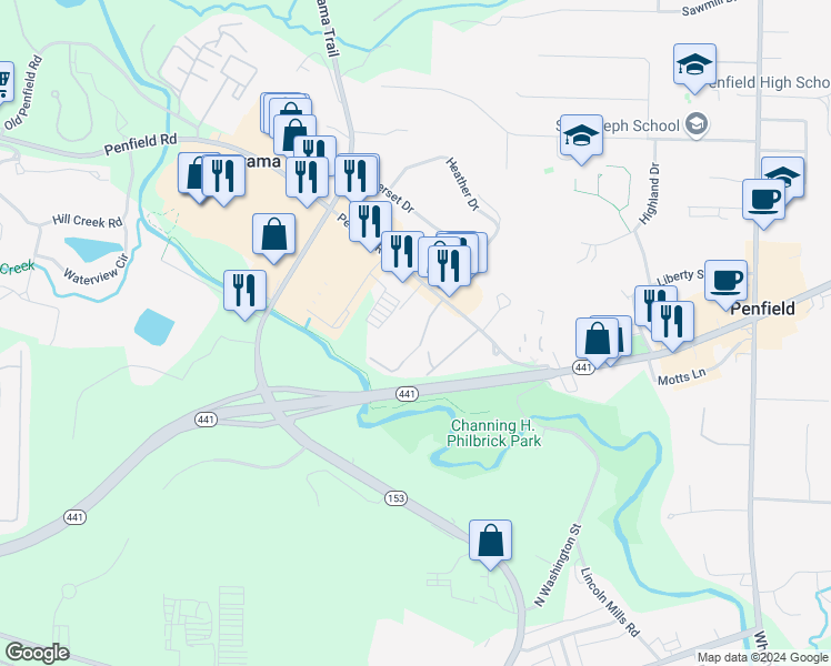 map of restaurants, bars, coffee shops, grocery stores, and more near 1689 Penfield Road in Rochester