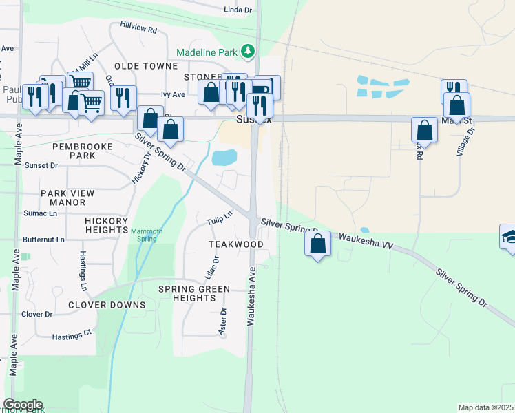 map of restaurants, bars, coffee shops, grocery stores, and more near W232N6176 Waukesha Avenue in Sussex