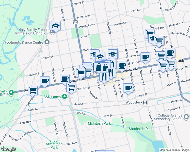 map of restaurants, bars, coffee shops, grocery stores, and more near 391 Dundas Street in Woodstock
