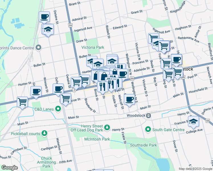 map of restaurants, bars, coffee shops, grocery stores, and more near 440 Dundas Street in Woodstock
