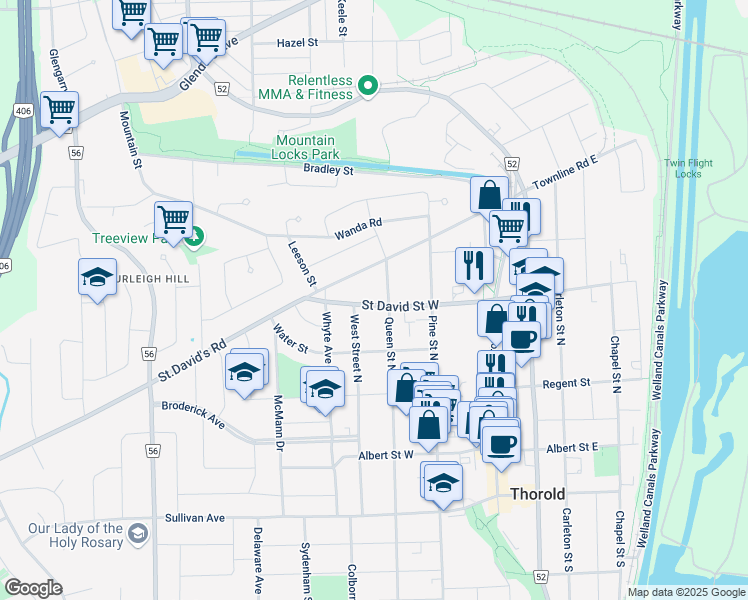 map of restaurants, bars, coffee shops, grocery stores, and more near 42 Saint David Street West in Thorold