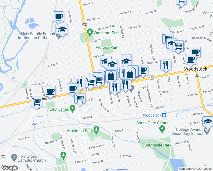 map of restaurants, bars, coffee shops, grocery stores, and more near 389 Dundas Street in Woodstock