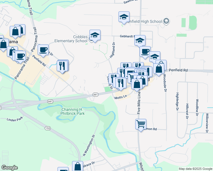 map of restaurants, bars, coffee shops, grocery stores, and more near 736 Liberty Street in Penfield