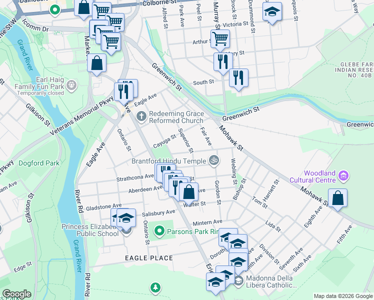 map of restaurants, bars, coffee shops, grocery stores, and more near 83 Superior Street in Brantford