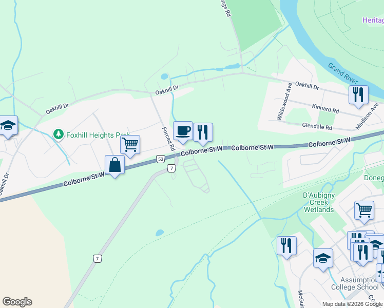 map of restaurants, bars, coffee shops, grocery stores, and more near 660 Colborne Street West in Brantford