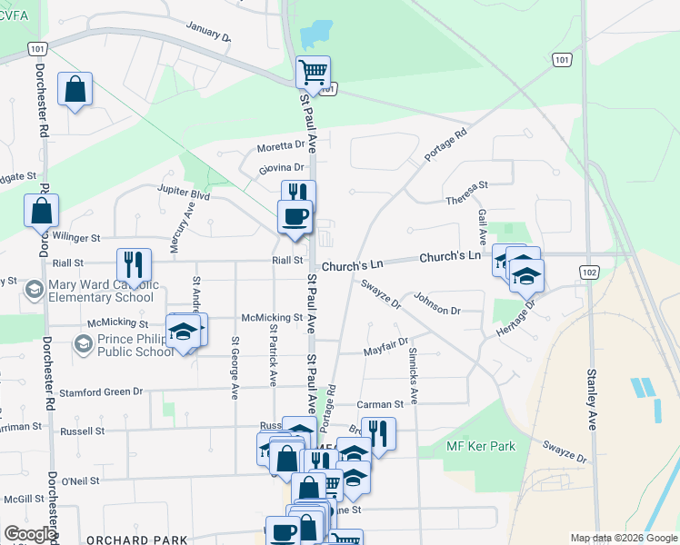 map of restaurants, bars, coffee shops, grocery stores, and more near 6150 Church's Lane in Niagara Falls