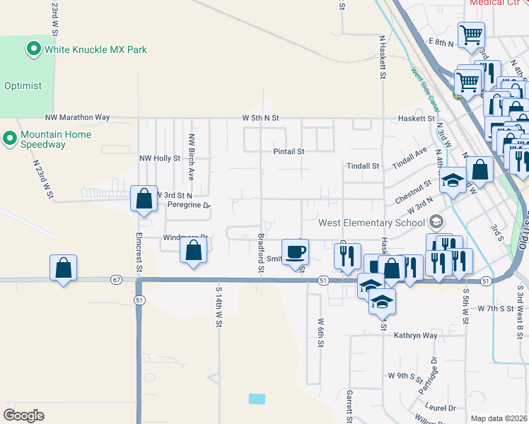 map of restaurants, bars, coffee shops, grocery stores, and more near 345 Bradford Street in Mountain Home