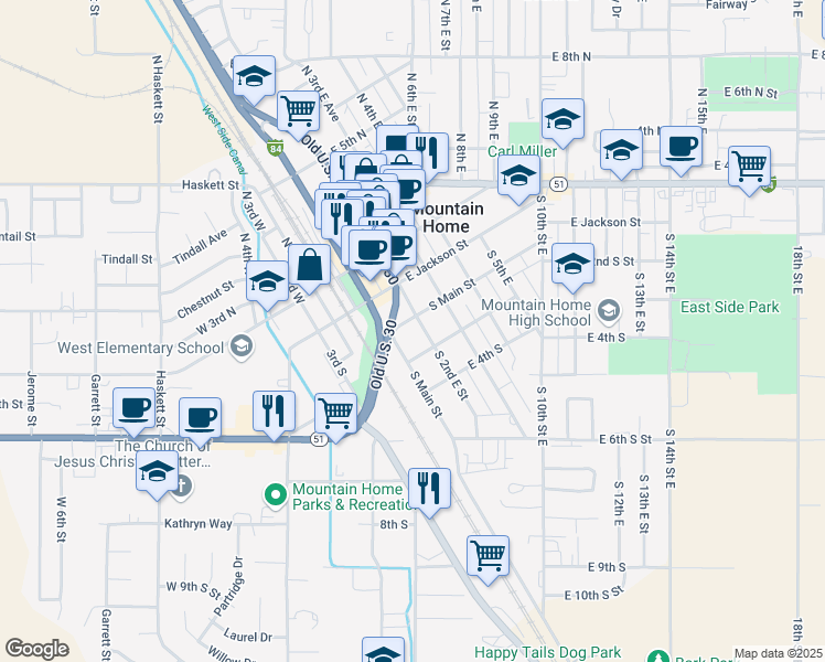 map of restaurants, bars, coffee shops, grocery stores, and more near 255 South 2nd East Street in Mountain Home