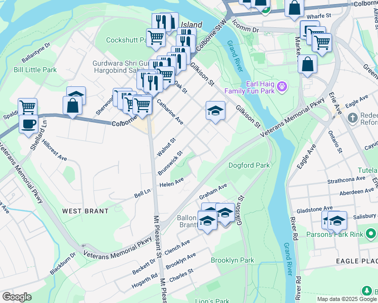 map of restaurants, bars, coffee shops, grocery stores, and more near 7 Patricia Street in Brantford
