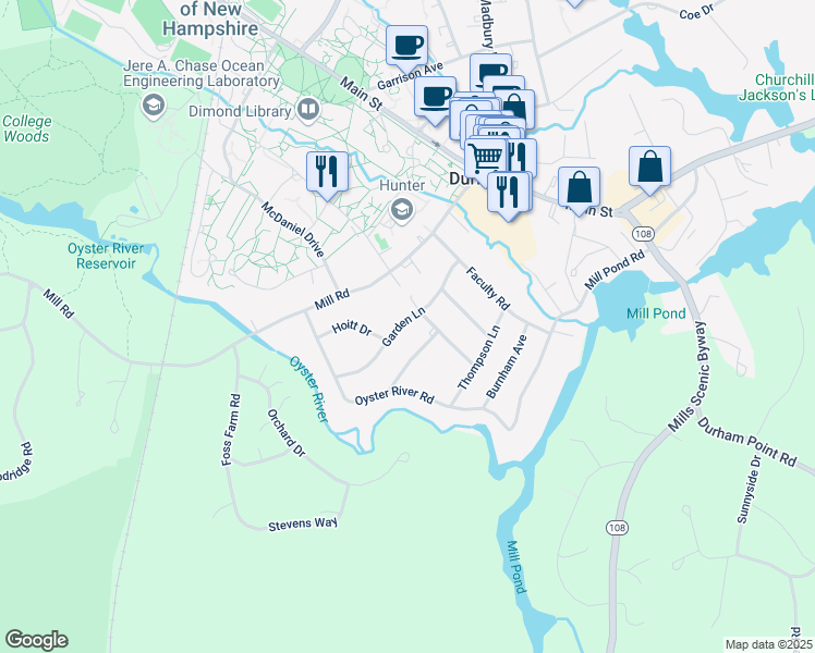 map of restaurants, bars, coffee shops, grocery stores, and more near 17 Garden Lane in Durham