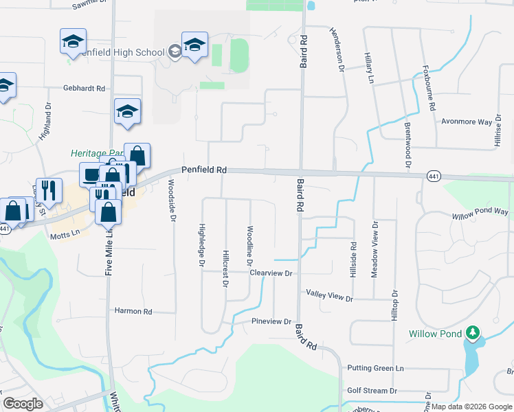 map of restaurants, bars, coffee shops, grocery stores, and more near 43 Highledge Drive in Penfield