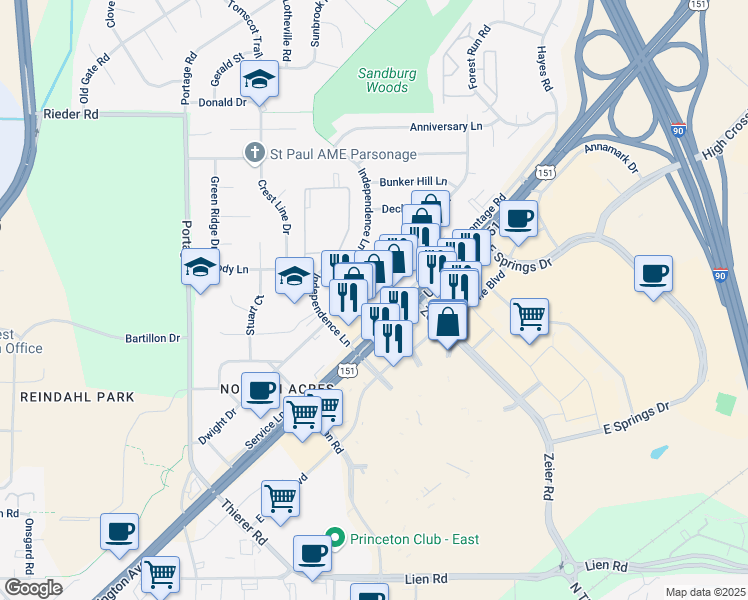 map of restaurants, bars, coffee shops, grocery stores, and more near 4614 East Washington Avenue in Madison