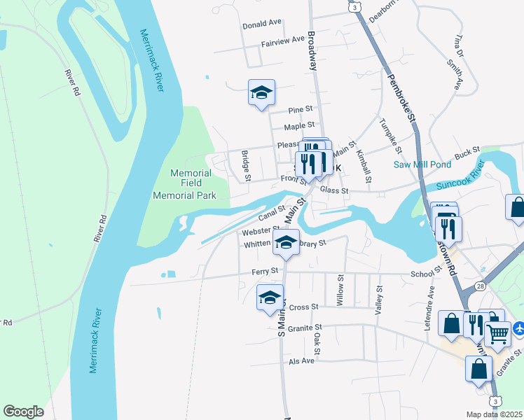 map of restaurants, bars, coffee shops, grocery stores, and more near 25 Canal Street in Allenstown