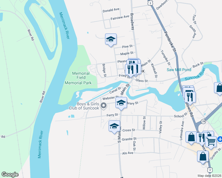 map of restaurants, bars, coffee shops, grocery stores, and more near 25 Canal Street in Allenstown