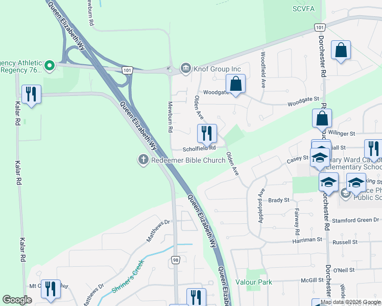 map of restaurants, bars, coffee shops, grocery stores, and more near 7491 Scholfield Road in Niagara Falls
