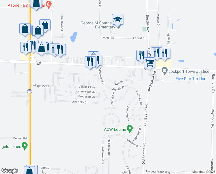 map of restaurants, bars, coffee shops, grocery stores, and more near 228 Branch Street in Lockport