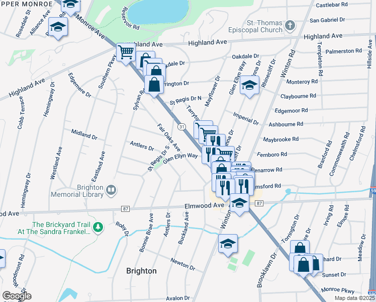 map of restaurants, bars, coffee shops, grocery stores, and more near 377 Glen Ellyn Way in Rochester