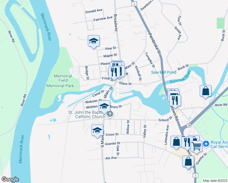 map of restaurants, bars, coffee shops, grocery stores, and more near 12 Mill Falls Road in Pembroke