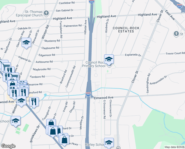map of restaurants, bars, coffee shops, grocery stores, and more near 340 Village Lane in Rochester