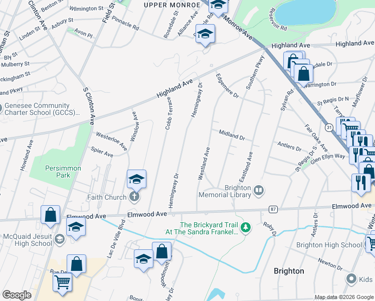 map of restaurants, bars, coffee shops, grocery stores, and more near 109 Westland Avenue in Rochester