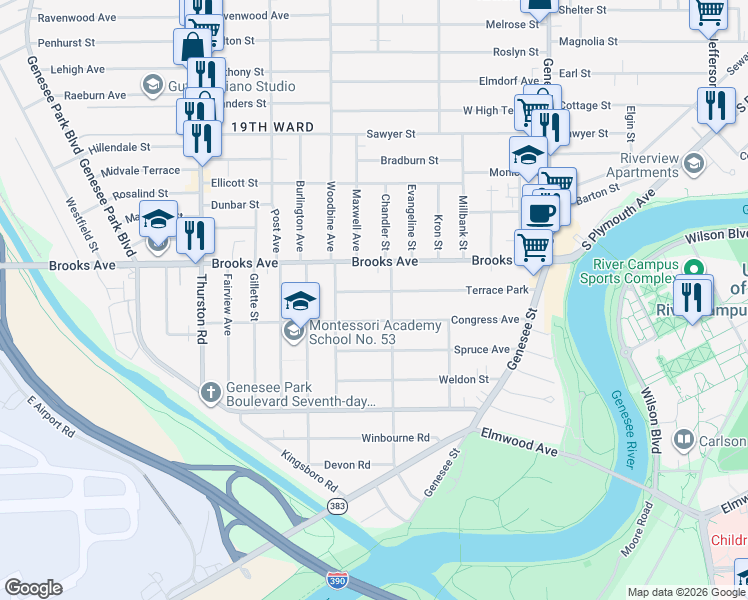 map of restaurants, bars, coffee shops, grocery stores, and more near 218 Congress Avenue in Rochester