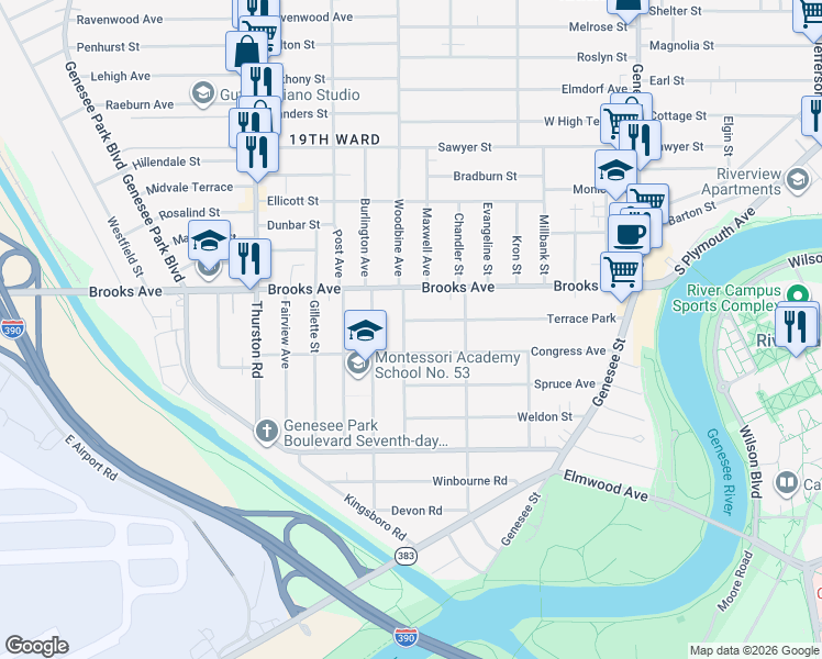 map of restaurants, bars, coffee shops, grocery stores, and more near 272 Congress Avenue in Rochester