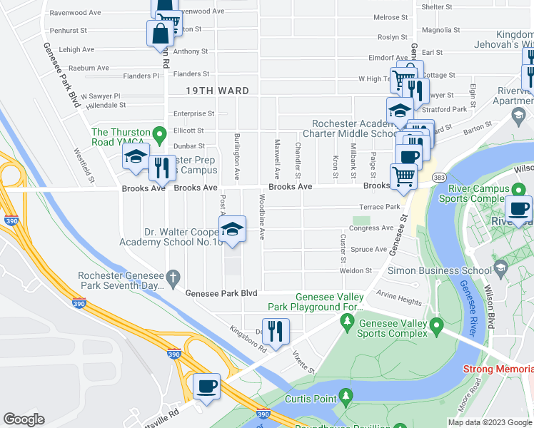 map of restaurants, bars, coffee shops, grocery stores, and more near 272 Congress Avenue in Rochester