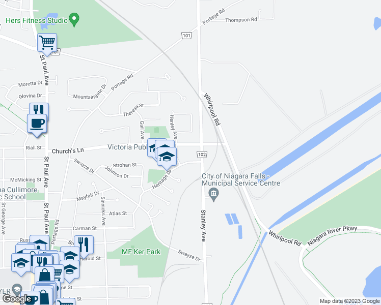 map of restaurants, bars, coffee shops, grocery stores, and more near 5581 Heritage Drive in Niagara Falls