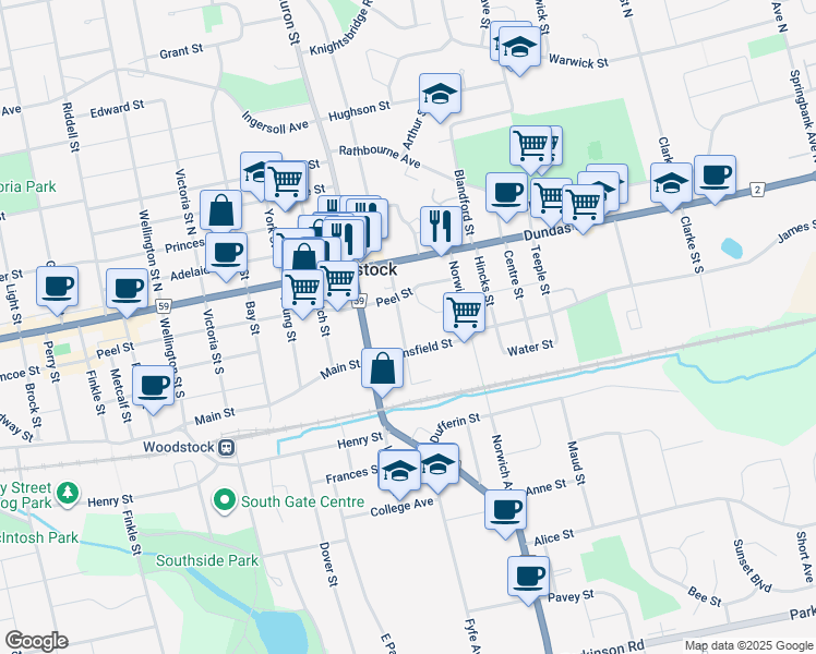 map of restaurants, bars, coffee shops, grocery stores, and more near 55 Chapel Street in Woodstock