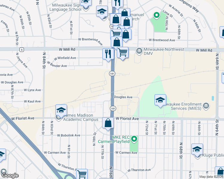 map of restaurants, bars, coffee shops, grocery stores, and more near North 76th Street in Milwaukee