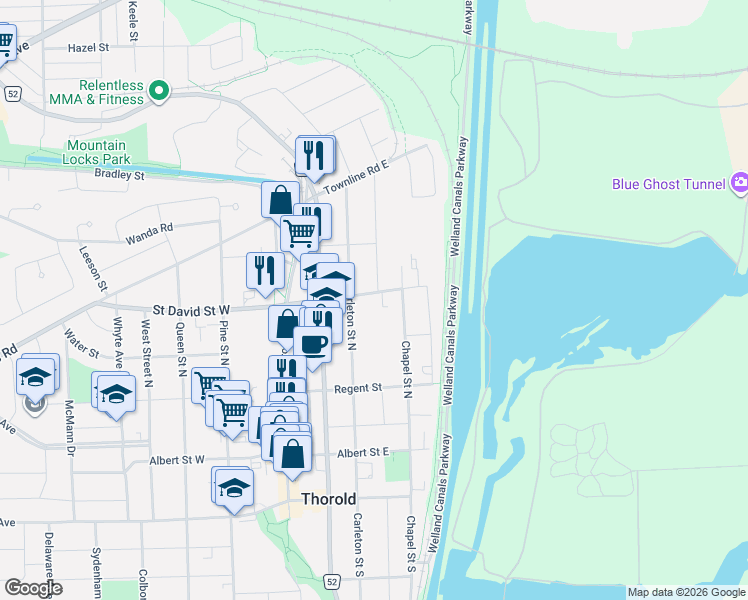 map of restaurants, bars, coffee shops, grocery stores, and more near in Thorold