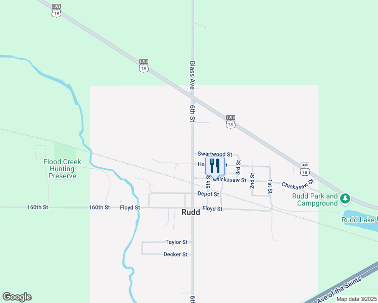 map of restaurants, bars, coffee shops, grocery stores, and more near 302 6th Street in Rudd