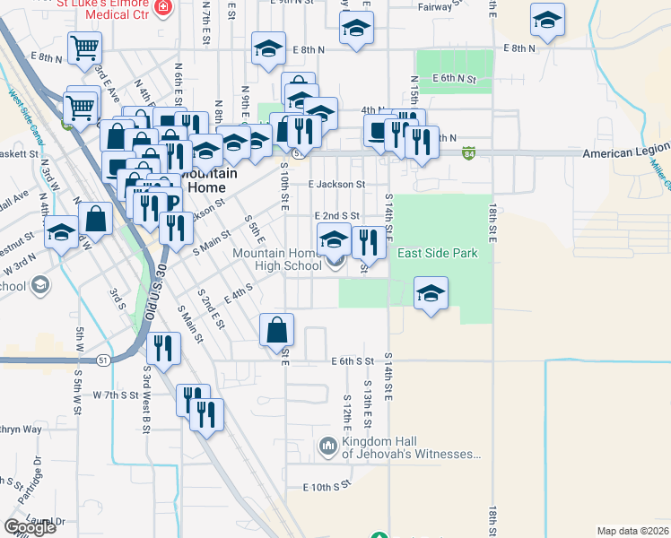 map of restaurants, bars, coffee shops, grocery stores, and more near 300 South 11th East in Mountain Home