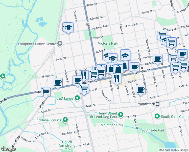map of restaurants, bars, coffee shops, grocery stores, and more near 327 Dundas Street in Woodstock