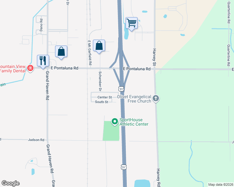 map of restaurants, bars, coffee shops, grocery stores, and more near 1281 East Pontaluna Road in Norton Shores