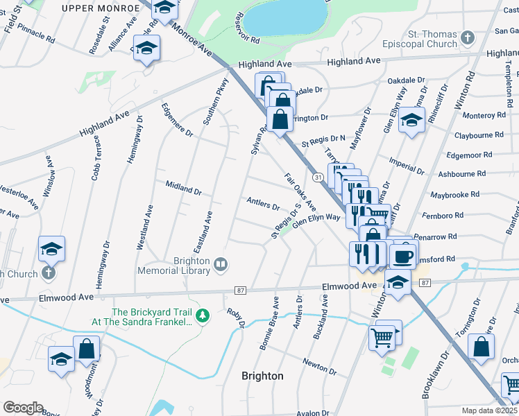 map of restaurants, bars, coffee shops, grocery stores, and more near 41 Antlers Drive in Rochester