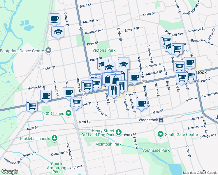 map of restaurants, bars, coffee shops, grocery stores, and more near 403 Dundas Street in Woodstock