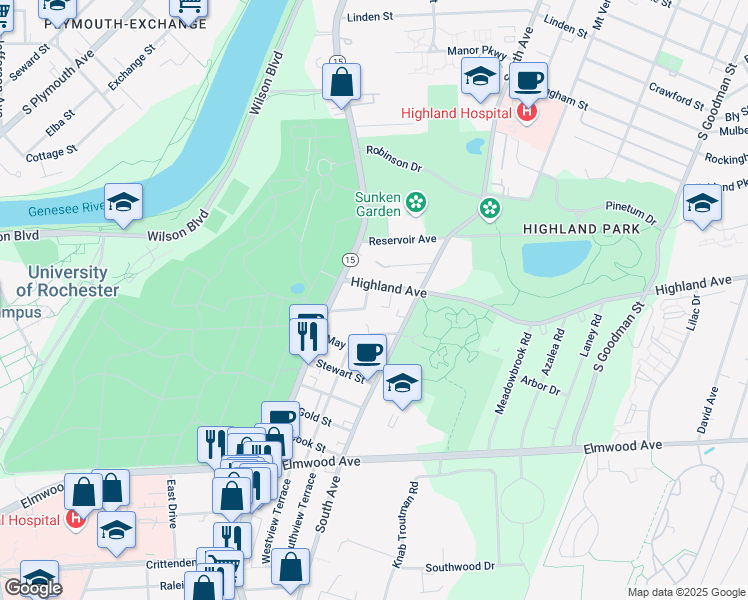 map of restaurants, bars, coffee shops, grocery stores, and more near 61 Furman Crescent in Rochester