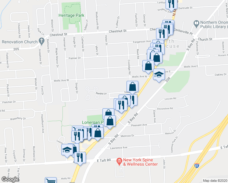 map of restaurants, bars, coffee shops, grocery stores, and more near 216 Sandra Lane in Syracuse