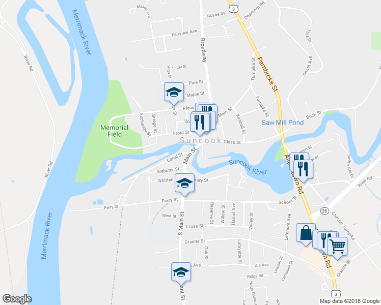 map of restaurants, bars, coffee shops, grocery stores, and more near 90 Main Street in Suncook