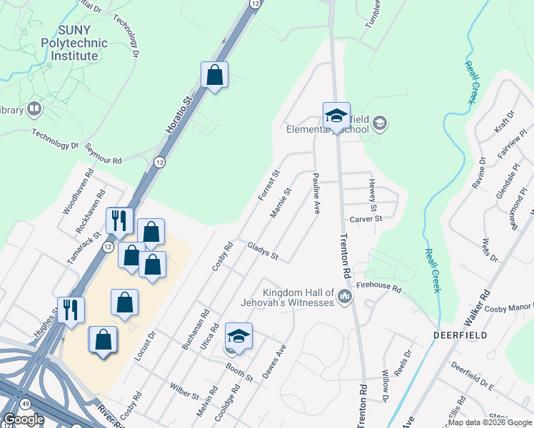 map of restaurants, bars, coffee shops, grocery stores, and more near 143 Marnie Street in Utica