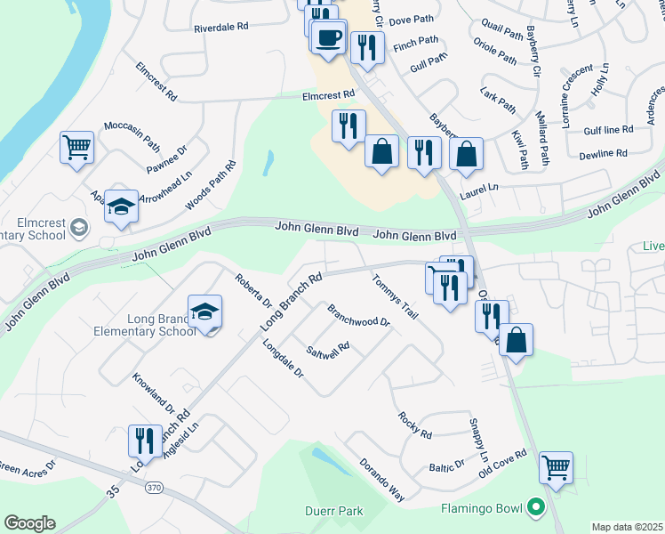 map of restaurants, bars, coffee shops, grocery stores, and more near 301-306 Long Branch Circle in Liverpool
