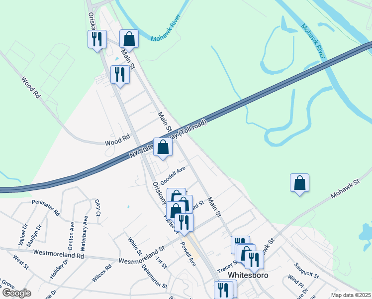map of restaurants, bars, coffee shops, grocery stores, and more near 214 Main Street in Whitesboro