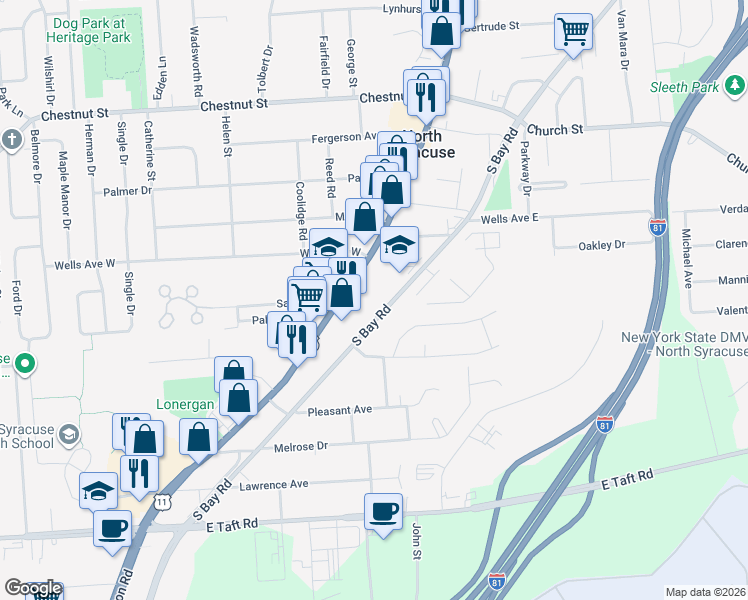 map of restaurants, bars, coffee shops, grocery stores, and more near 514 South Bay Road in North Syracuse