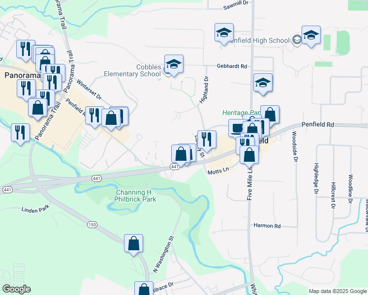 map of restaurants, bars, coffee shops, grocery stores, and more near 736 Liberty Street in Penfield