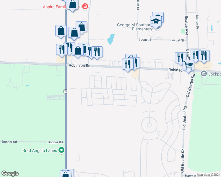 map of restaurants, bars, coffee shops, grocery stores, and more near 210 Whispering Pines Drive in Lockport