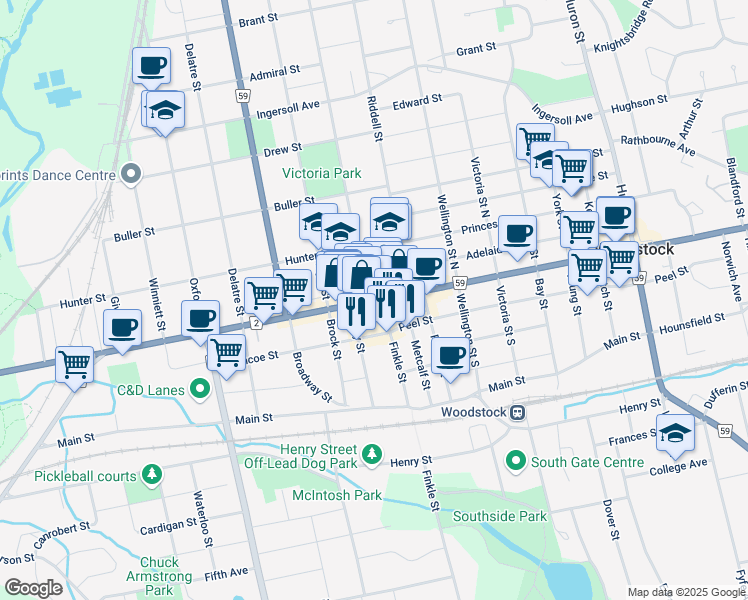 map of restaurants, bars, coffee shops, grocery stores, and more near 440 Dundas Street in Woodstock